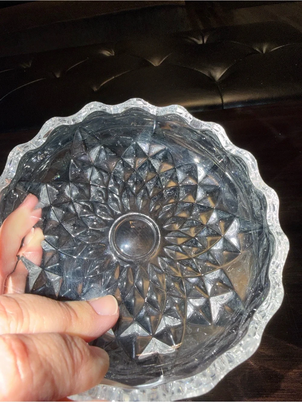 Clear Scalloped Glass Serving Bowl with Starburst Cut